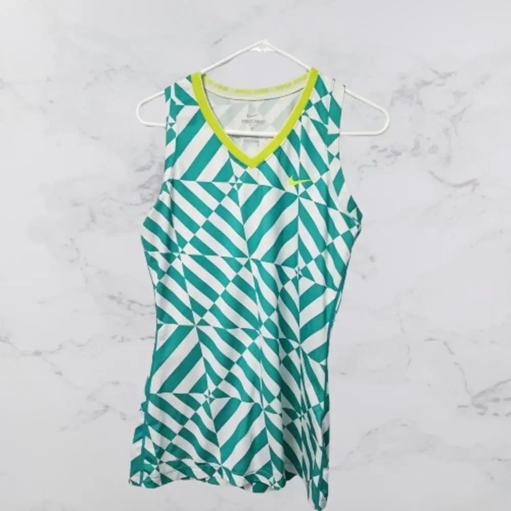 Nike PRO Dri-Fit Fitted Tank Top Shirt Medium Green White V-Neck